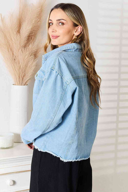Double Take Dropped Shoulder Raw Hem Denim Jacket Shop One Place