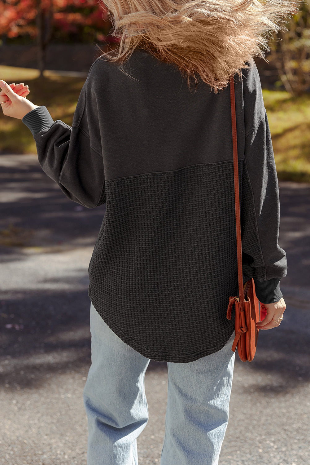 Carbon Grey Waffle Knit Patchwork Half Zipped Casual Sweatshirt  Shop One Place