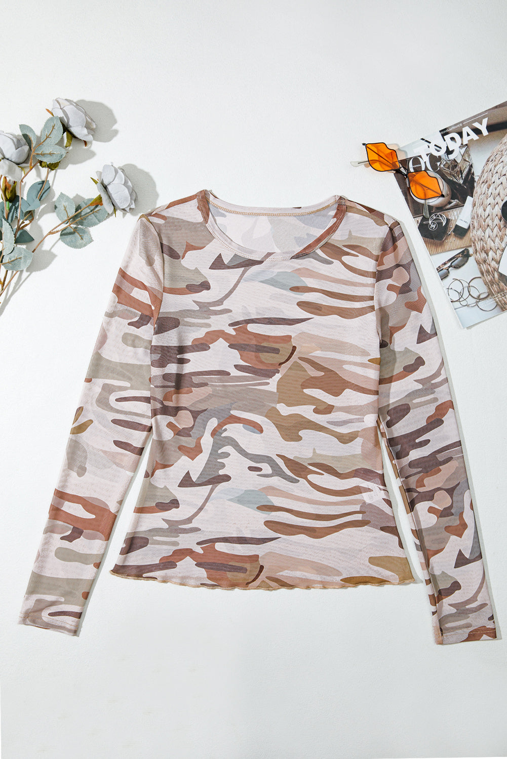 Green Camouflage Print Slim Fit Long Sleeve Top  Shop One Place