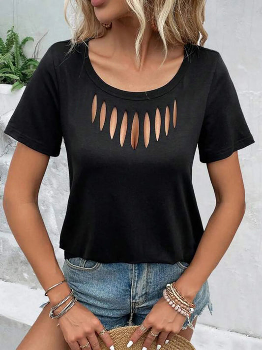 Hollow Out Neckline Short Sleeve T-Shirt  Shop One Place