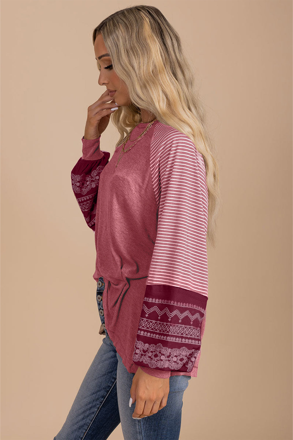 Gray Contrast Print Striped Raglan Long Sleeve Loose Top  Shop One Place