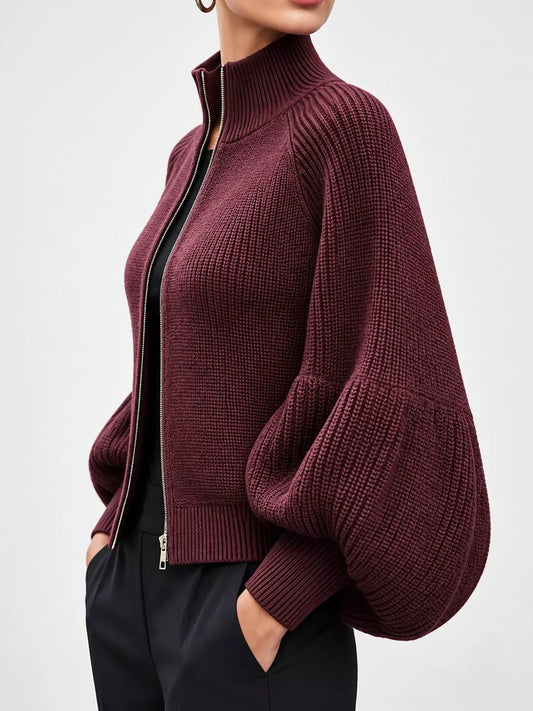 Women's Ribbed Knit Zip-Up Cardigan with Lantern Sleeves – view 2