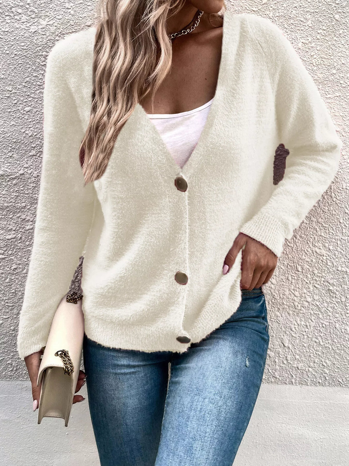 Soft Fuzzy V-Neck Button-Down Cardigan  Shop One Place