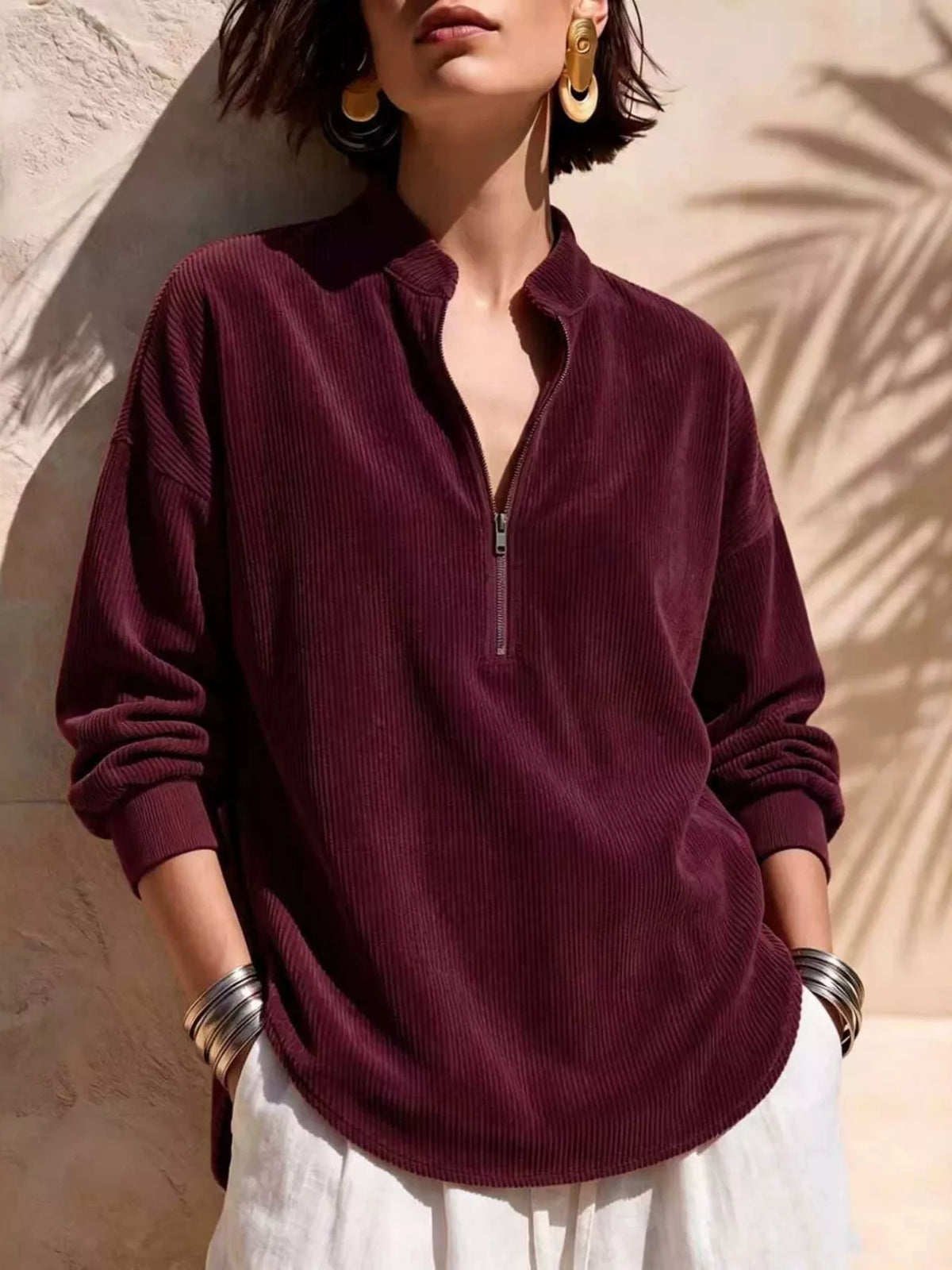 Full Size Half Zip Dropped Shoulder Corduroy Top Plus Size  Shop One Place