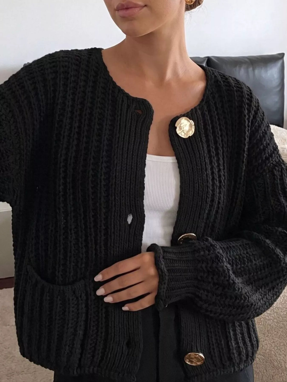 Ribbed Knit Cardigan with Gold-Tone Buttons  Shop One Place