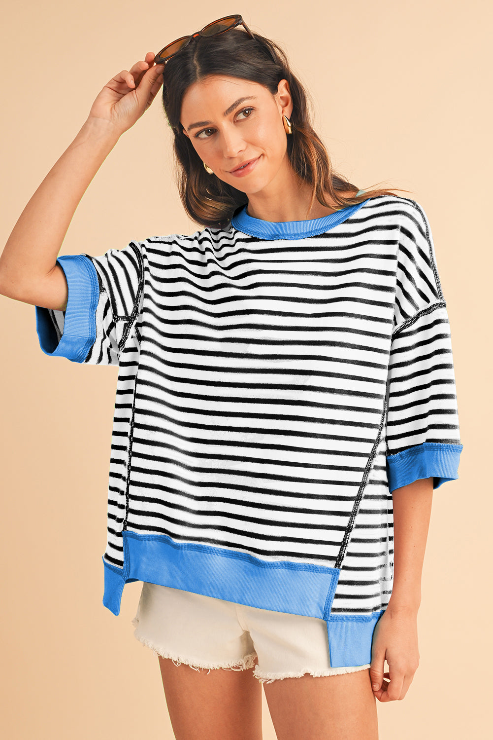 Stripe Colorblock Drop Sleeve Oversized T Shirt