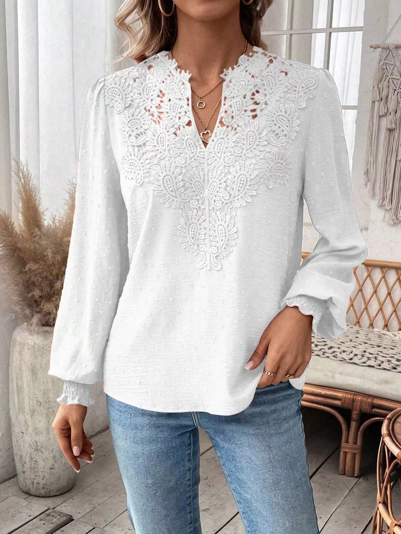 Swiss Dot Lace Detail Long Sleeve Blouse  Shop One Place
