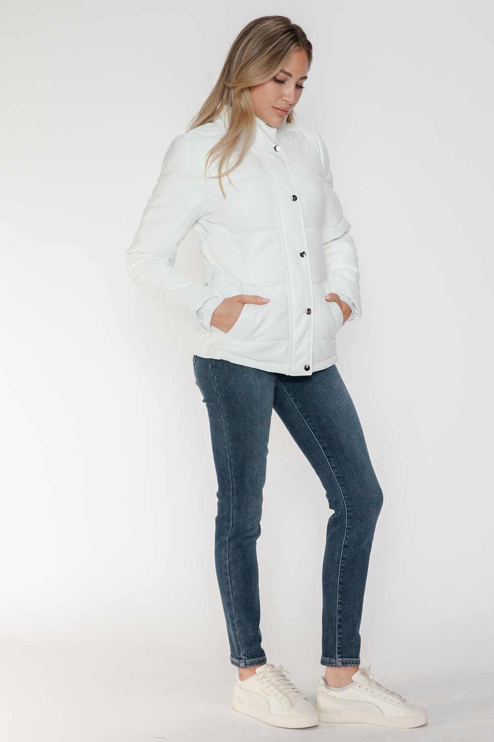 White YMI Pocketed Zip Up Turtleneck Puffer Jacket