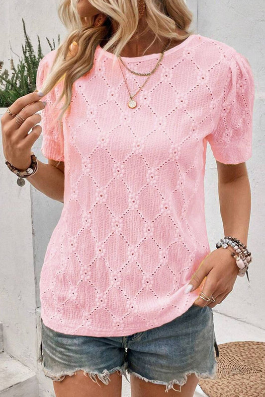 Flower Geometric Textured Short Sleeve Top  Shop One Place