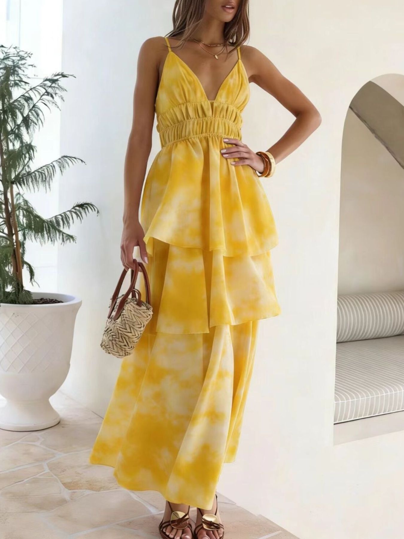 Tie-Dye Ruffled Layered Maxi Dress  Shop One Place