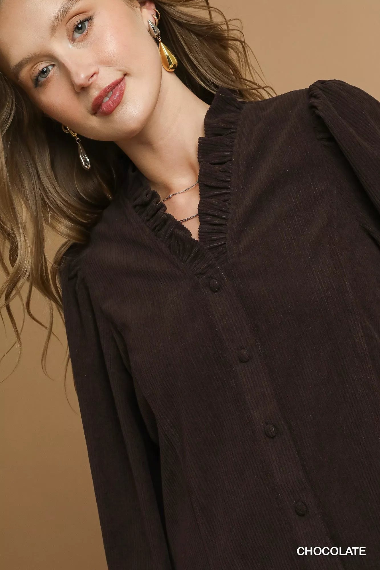 Umgee Corduroy Ruffle Shirt with Long Puff Sleeves  Shop One Place