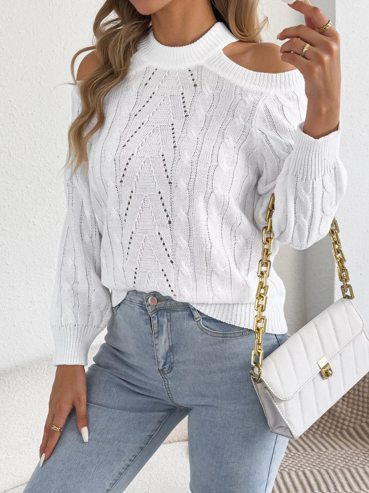 Women's Cold Shoulder Cable Knit Sweater – view 10