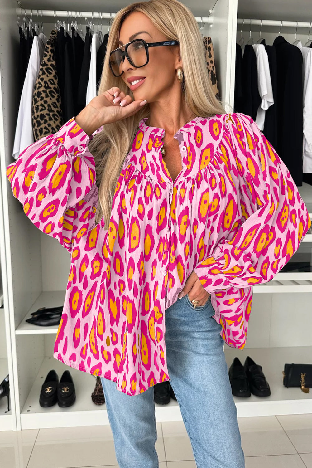 Light French Beige Leopard Print Balloon Sleeve Loose Blouse  Shop One Place