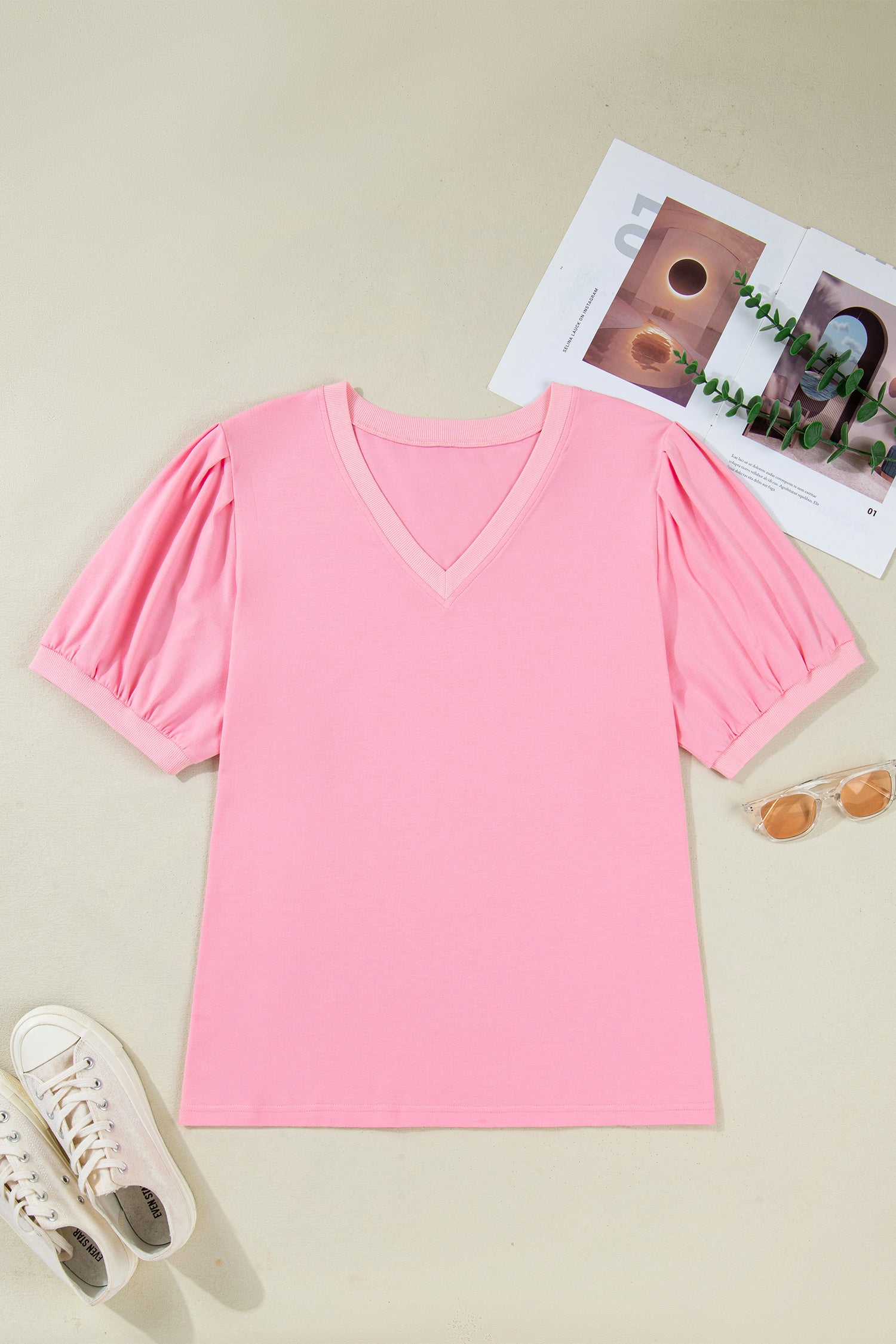 Bonbon V Neck Pleated Short Puff Sleeve Plus Size Blouse  Shop One Place