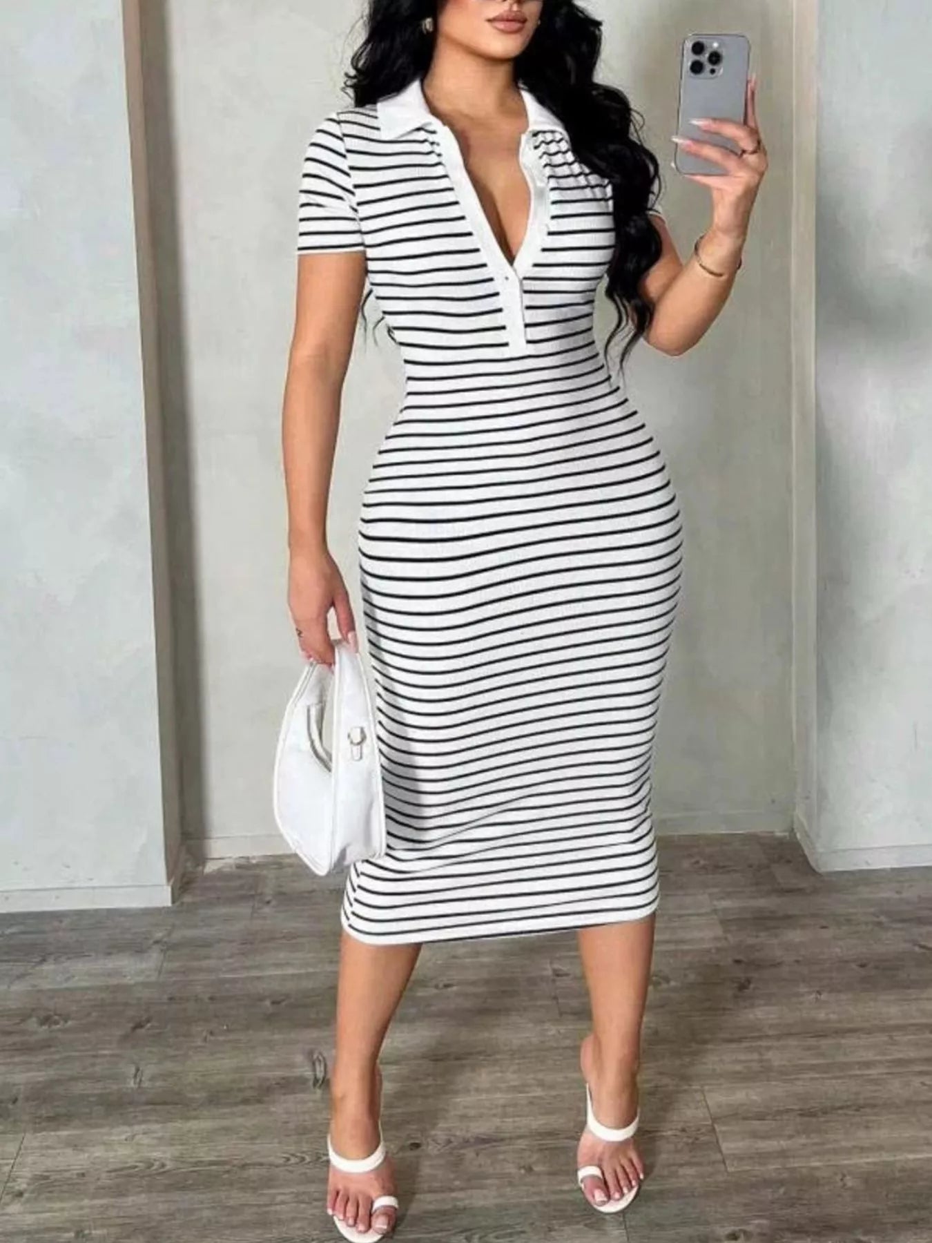 Striped Polo Collar Midi Dress  Shop One Place