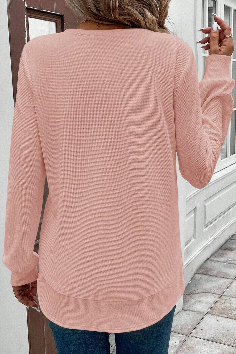 Gossamer Pink Rounded Hem Waffle Plain Long Sleeve Top  Shop One Place