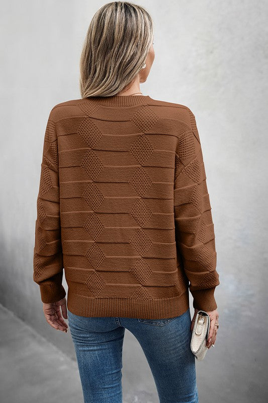 Solid Round Neck Knit Loose Long Sleeves Sweater  Shop One Place