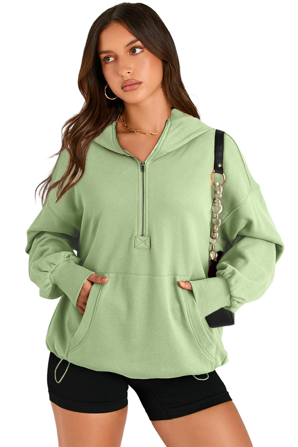 Moss Green Kangaroo Pocket Half Zipper Oversized Hoodie