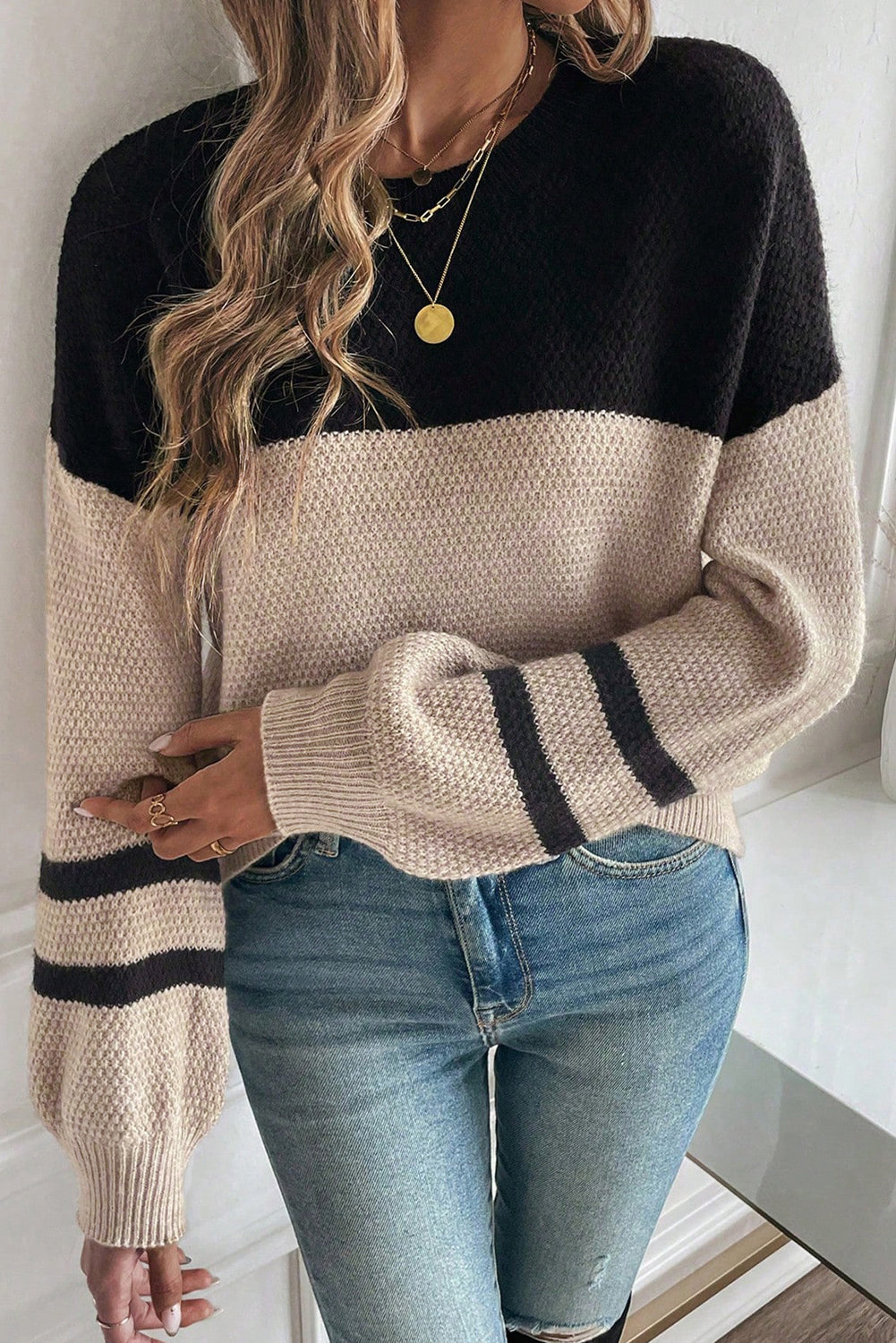 Dark Brown Colorblock Striped Sleeve Detail Knit Sweater  Shop One Place