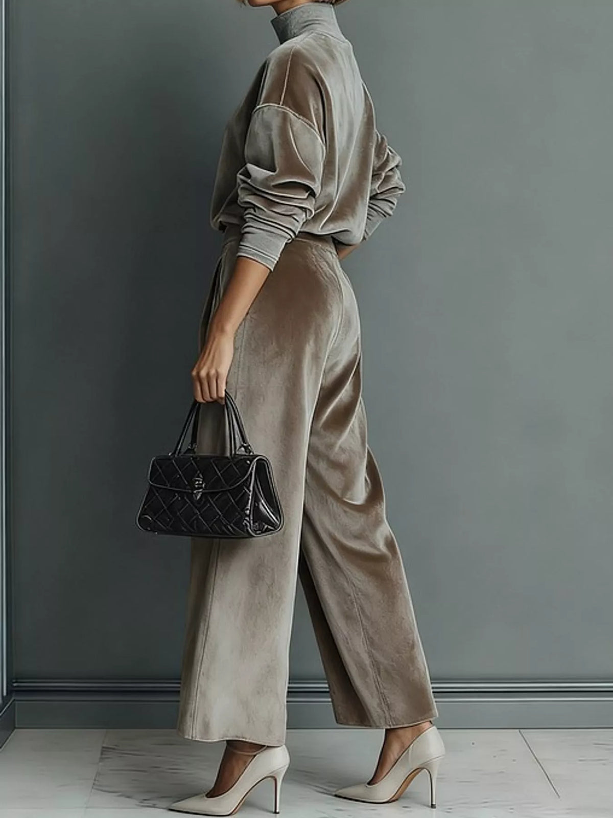 Women's Velvet Mock Neck Top & Wide-Leg Pants Set – view 2