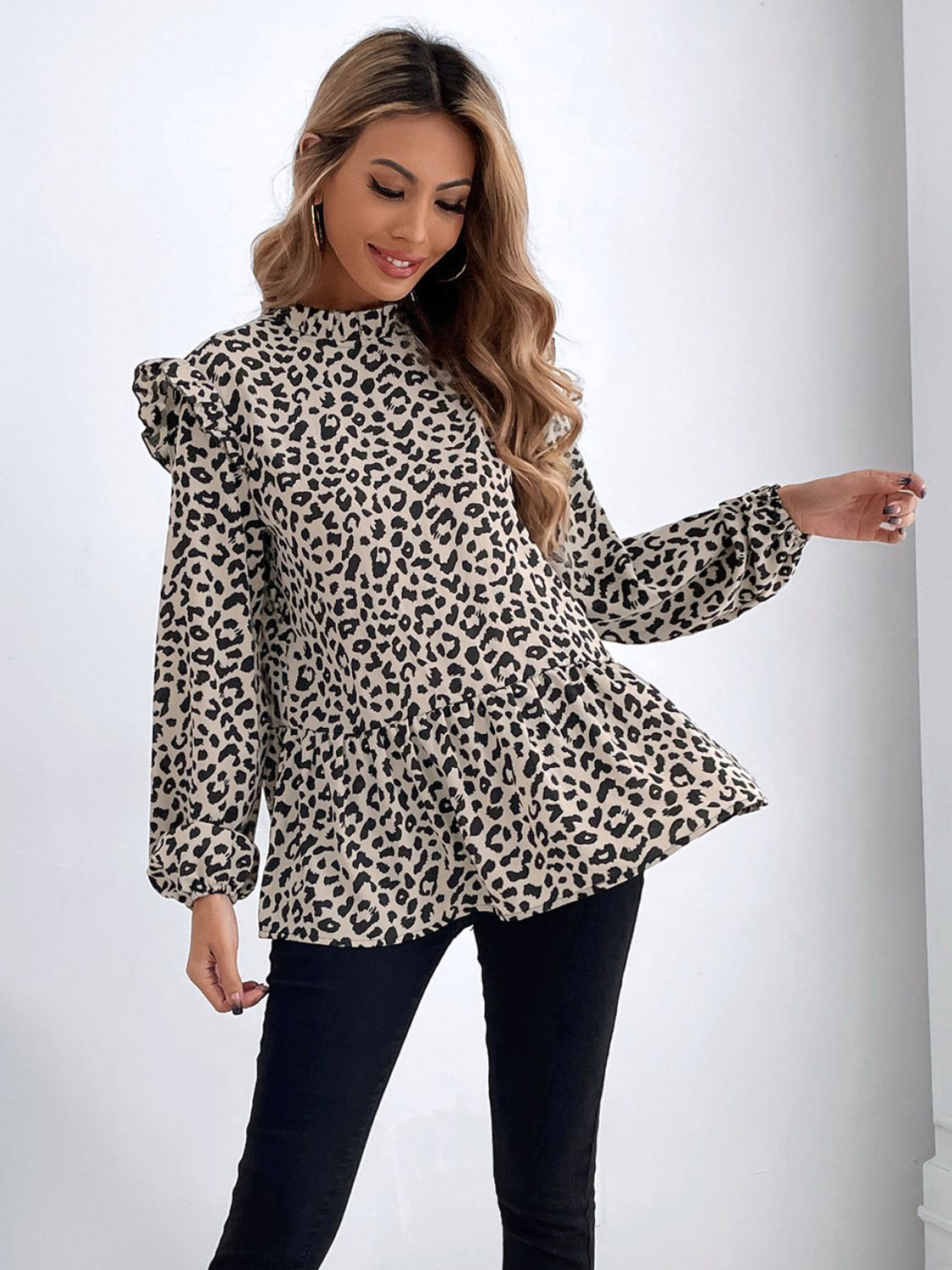 Ruffled Leopard Mock Neck Long Sleeve Blouse  Shop One Place