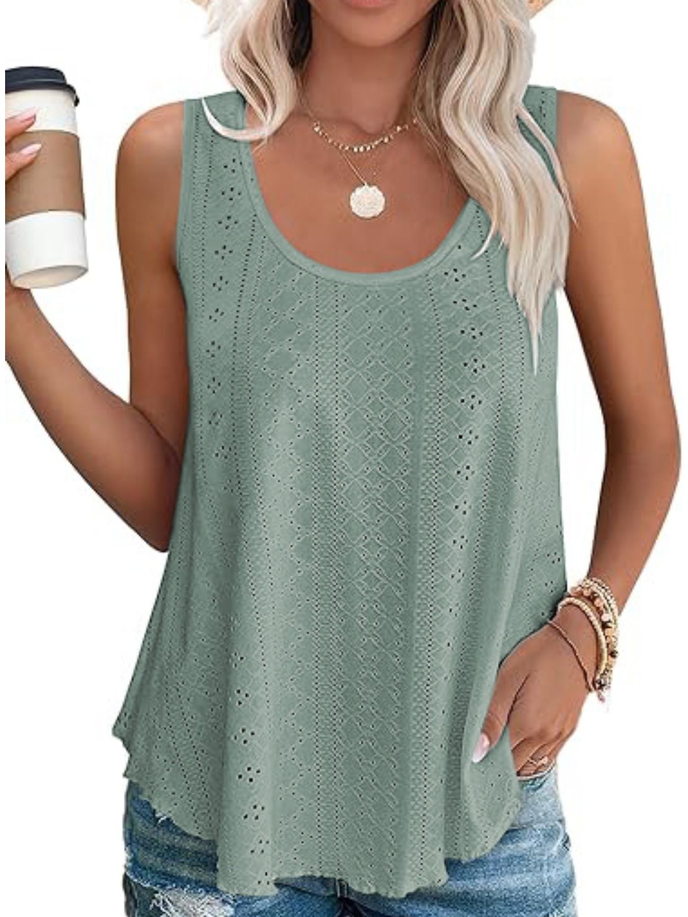 Eyelet Scoop Neck Tank  Shop One Place