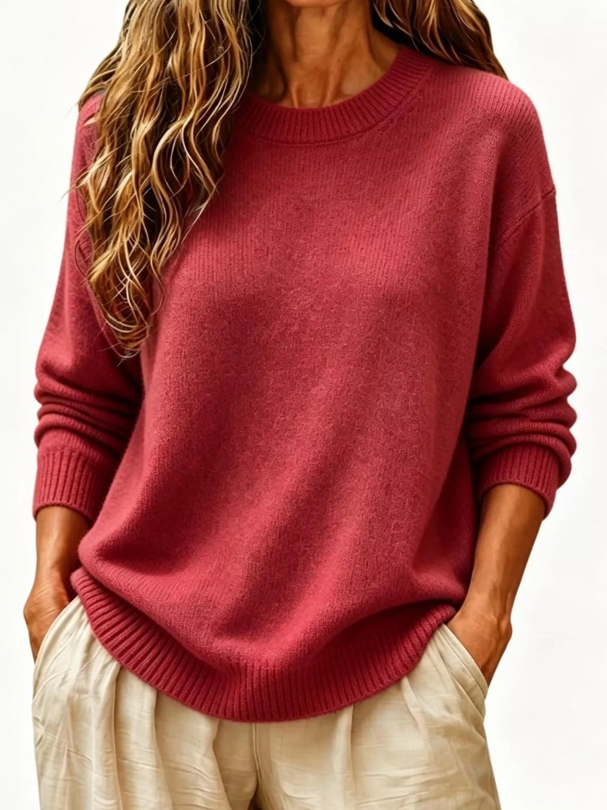 Full Size Round Neck Dropped Shoulder Sweater Plus Size  Shop One Place