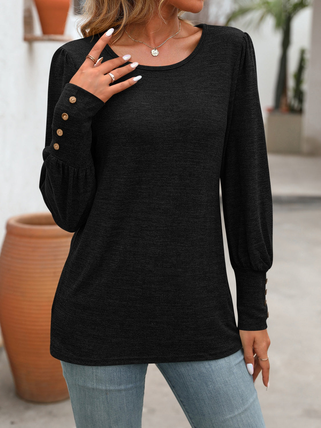 Decorative Button Round Neck Long Sleeve T-Shirt  Shop One Place