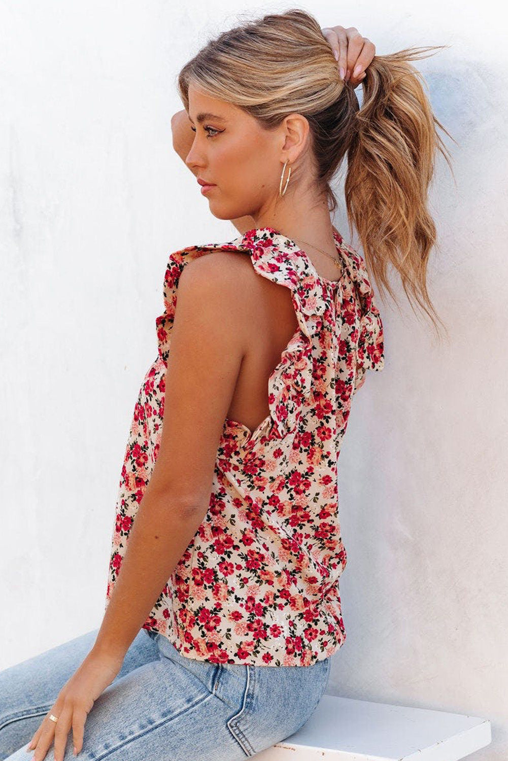 Red Boho Floral Print Ruffled Mock Neck Sleeveless Shirt