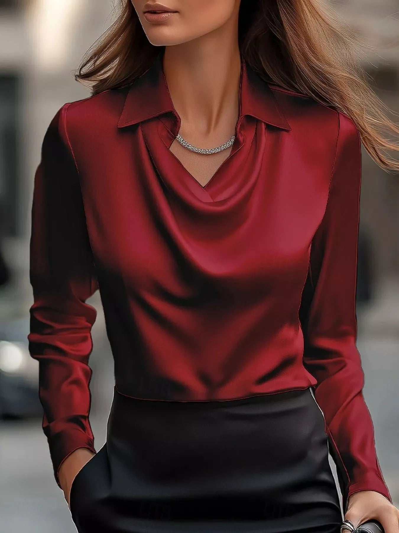 Ruched Long Sleeve Drape Collar Blouse  Shop One Place