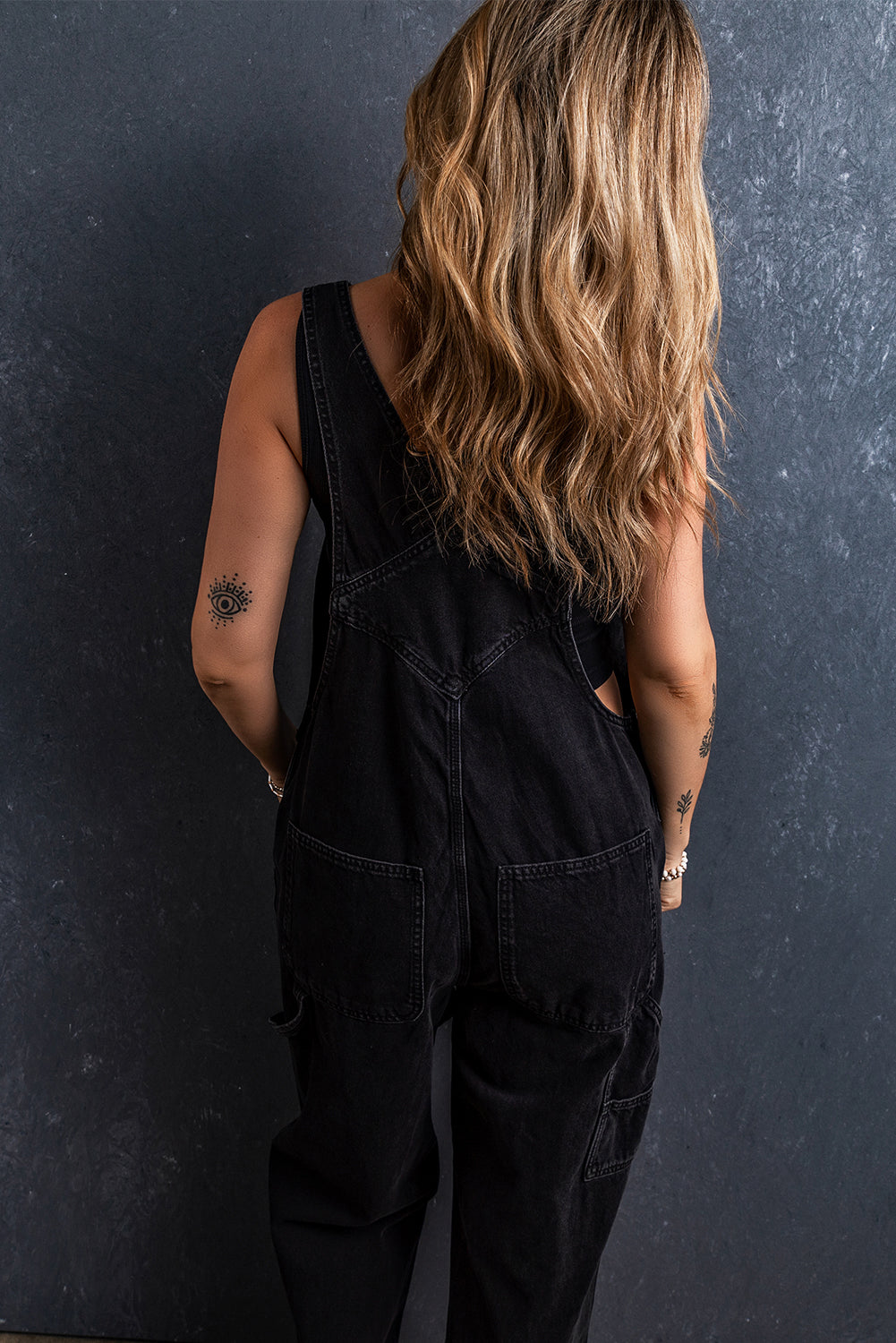 Black Adjustable Buckle Straps Multi Pocket Denim Jumpsuit