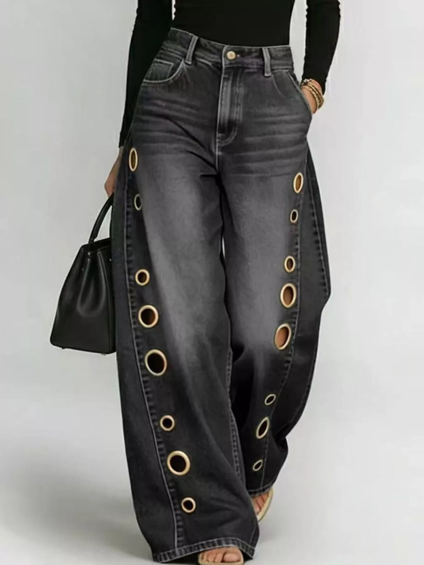 Wide Leg Jeans with Eyelet Details  Shop One Place