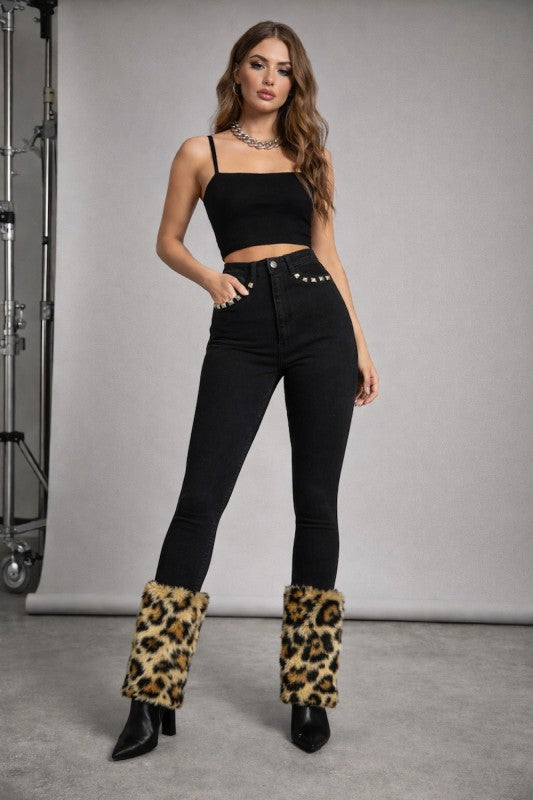 Black Skinny Jean with Faux Leopard Fur  Shop One Place