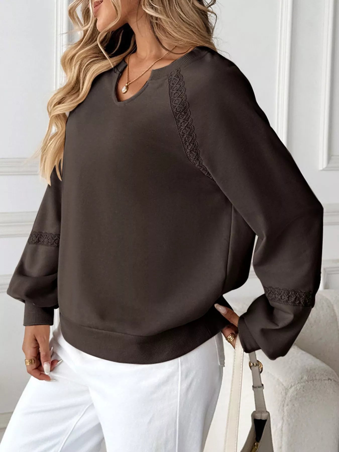 Notched Raglan Sleeve Sweatshirt  Shop One Place