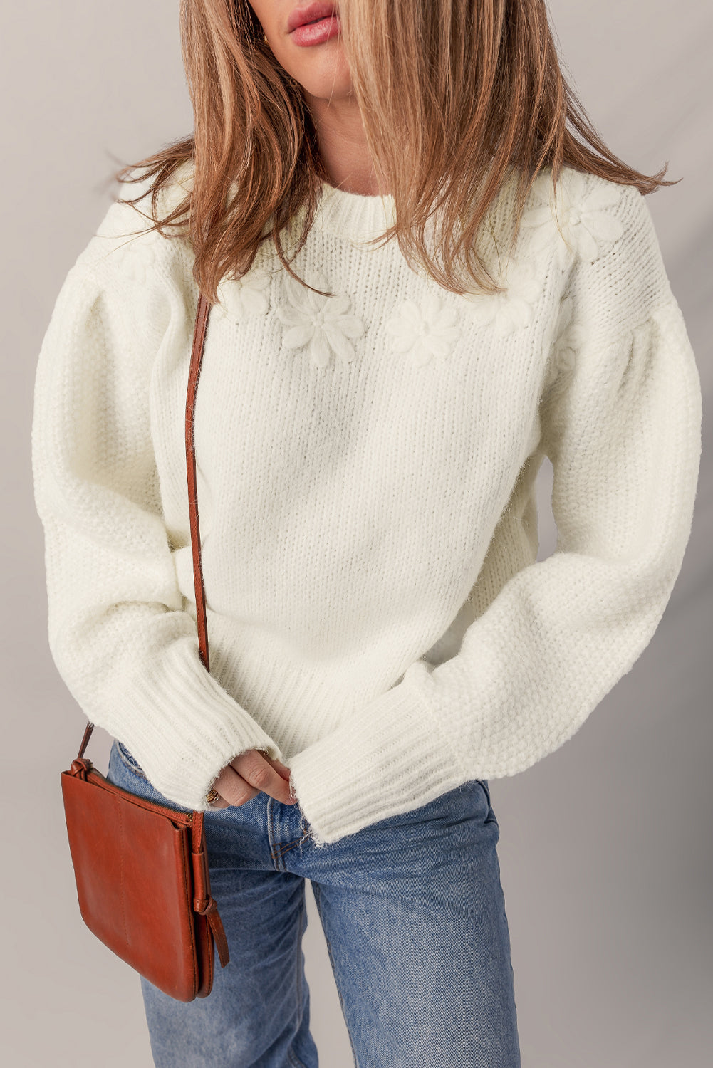 White Flower Detail Round Neck Contrast Textured Puff Sleeve Sweater  Shop One Place