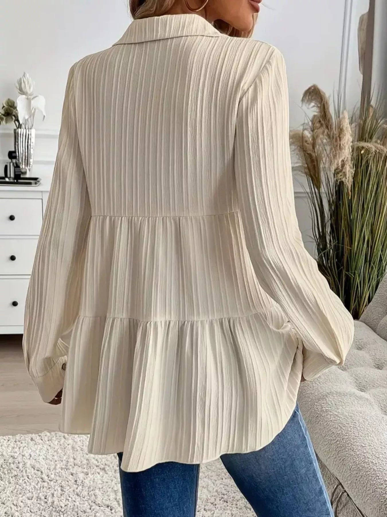 Button-Down Long Sleeve Tiered Shirt  Shop One Place