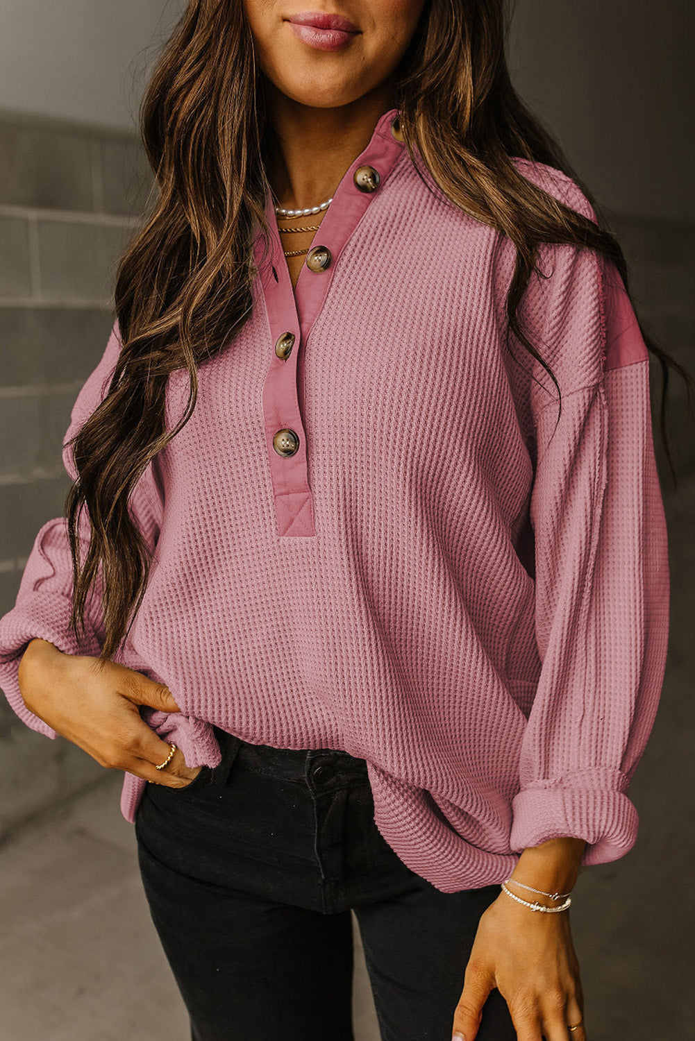 Jet Stream Waffle Patchwork Long Sleeve Henley Top  Shop One Place