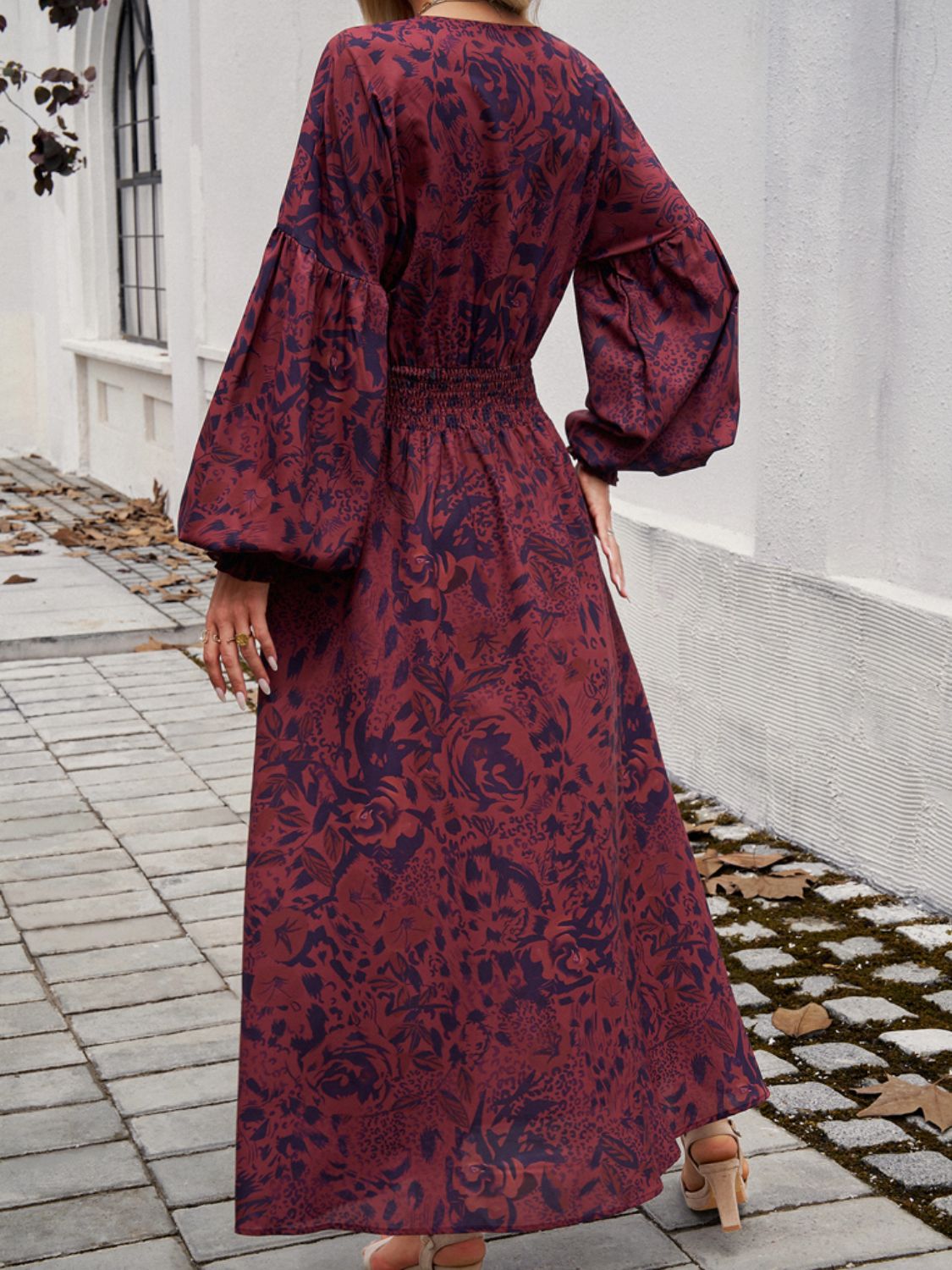 Split Printed Surplice Long Sleeve Floral Midi Dress