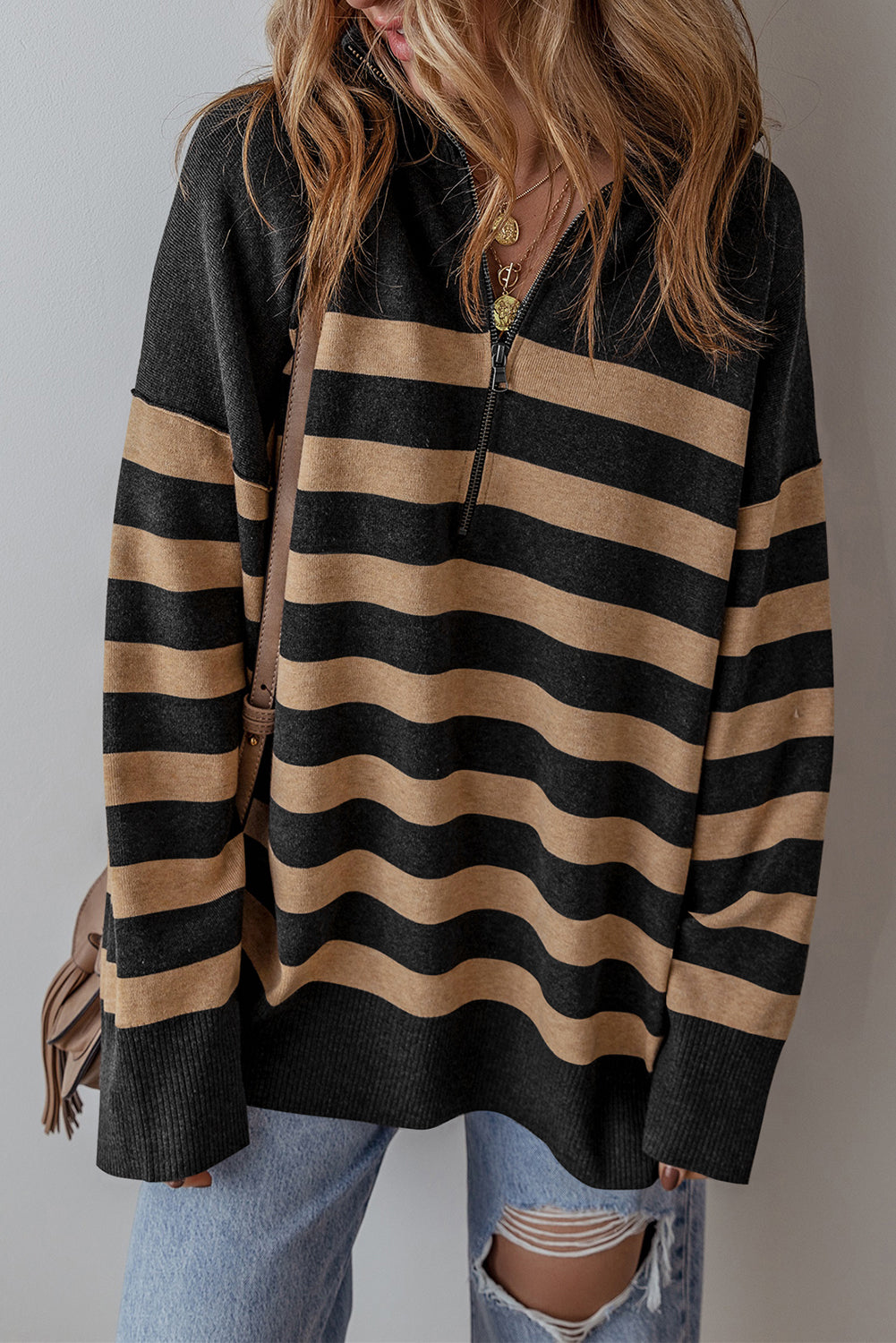 Striped Collared Quarter Zip Oversized Sweater