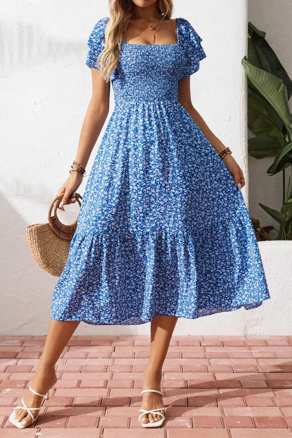 Ditsy Floral Print Smocked Square Neck Ruffle Short Sleeve Dress  Shop One Place
