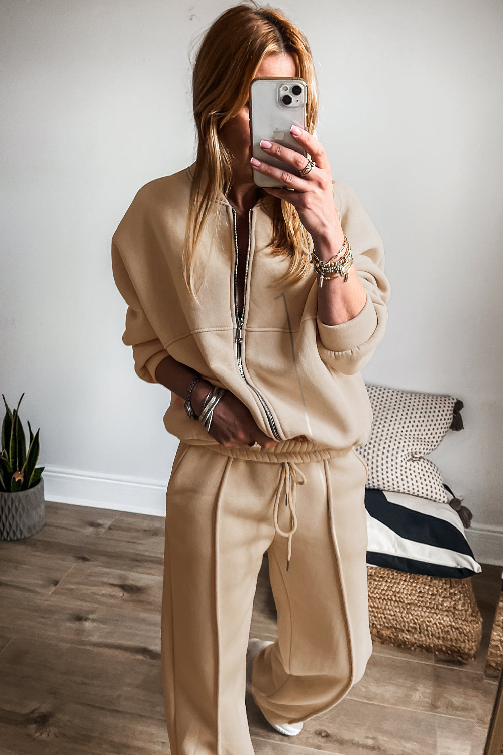 Apricot Seamed Zipper Jacket and Drawstring Waist Pants Set