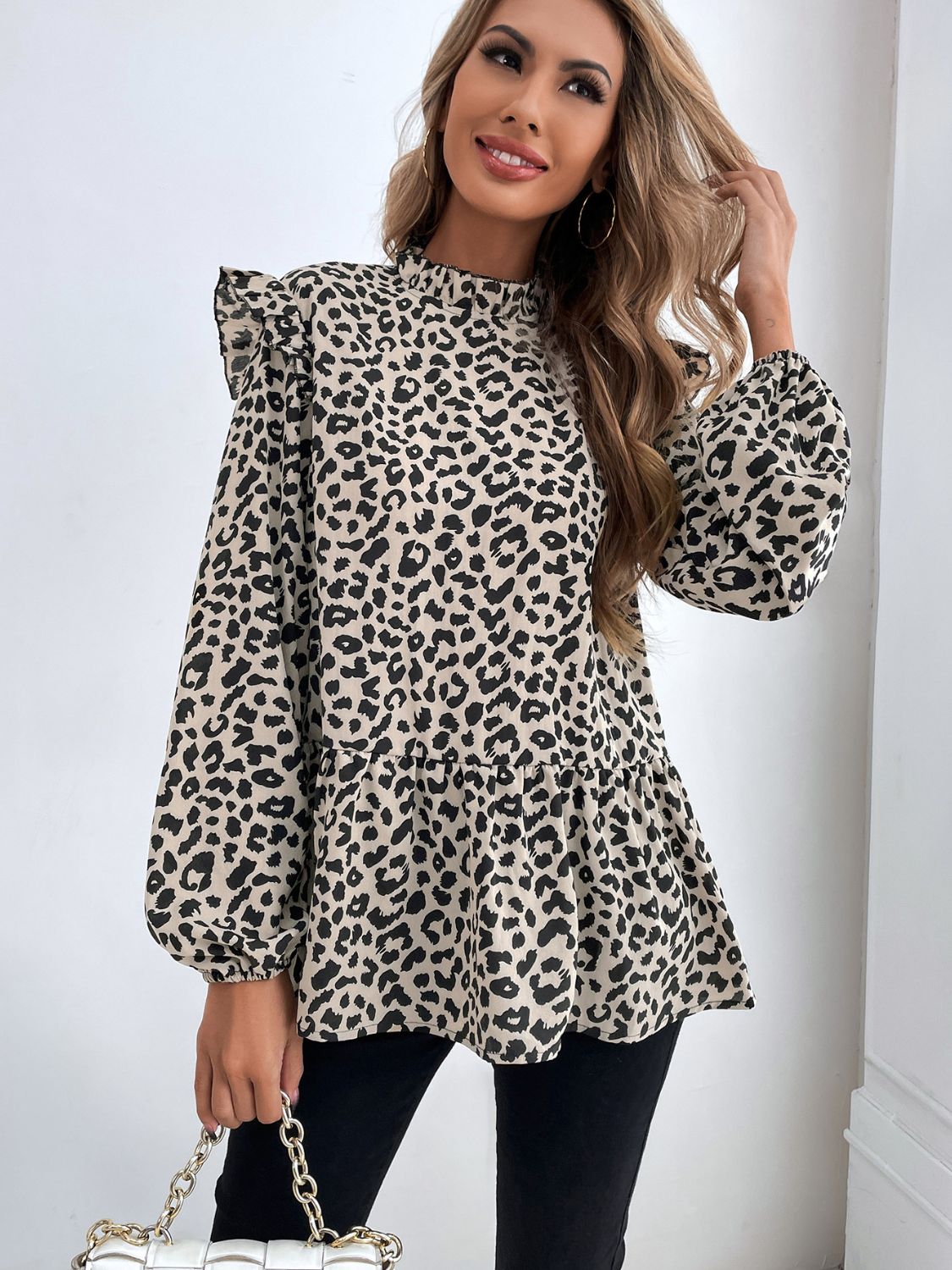 Ruffled Leopard Mock Neck Long Sleeve Blouse  Shop One Place