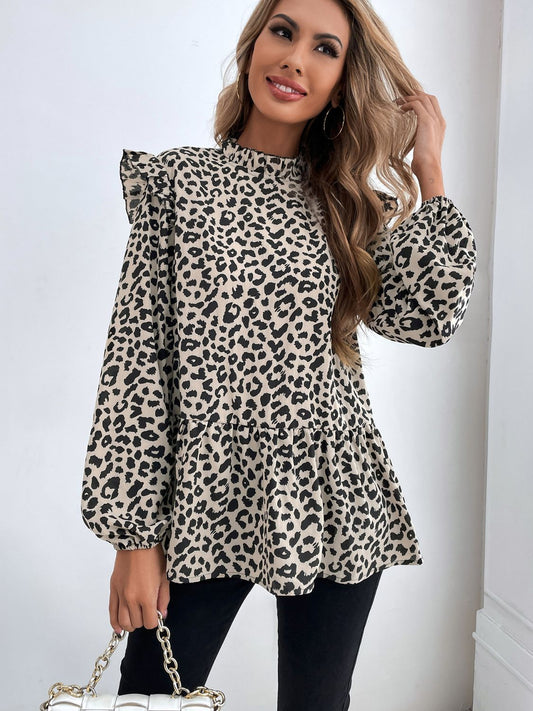 Ruffled Leopard Mock Neck Long Sleeve Blouse  Shop One Place