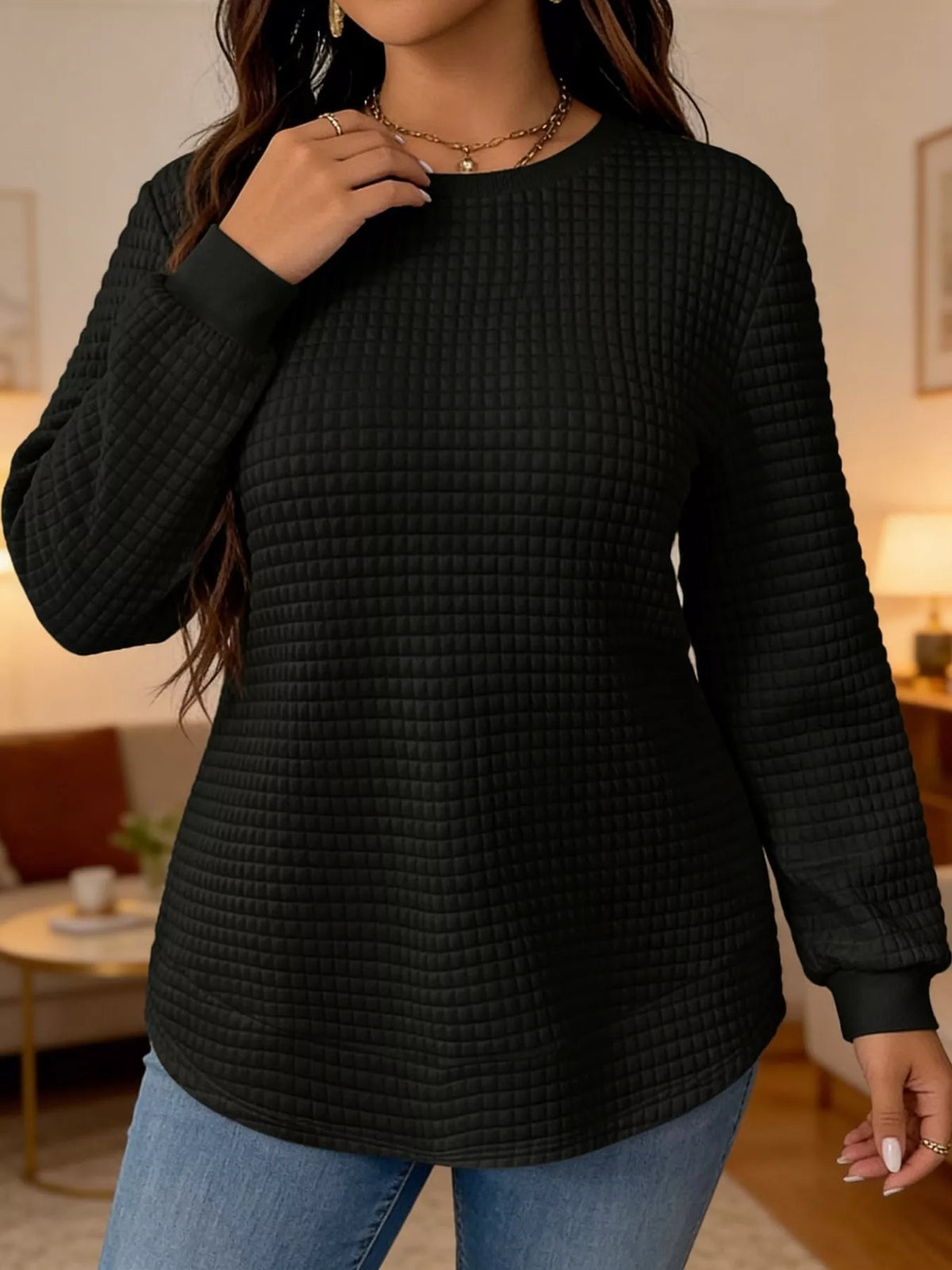 Women's Plus Size Waffle Knit Crew Neck Sweatshirt – view 9