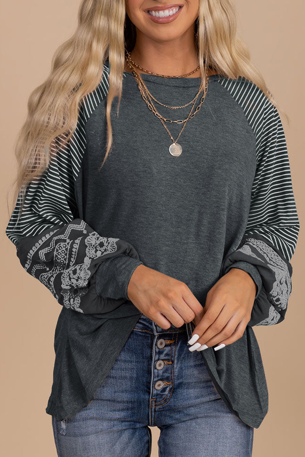 Contrast Print Striped Raglan Long Sleeve Loose Top  Shop One Place