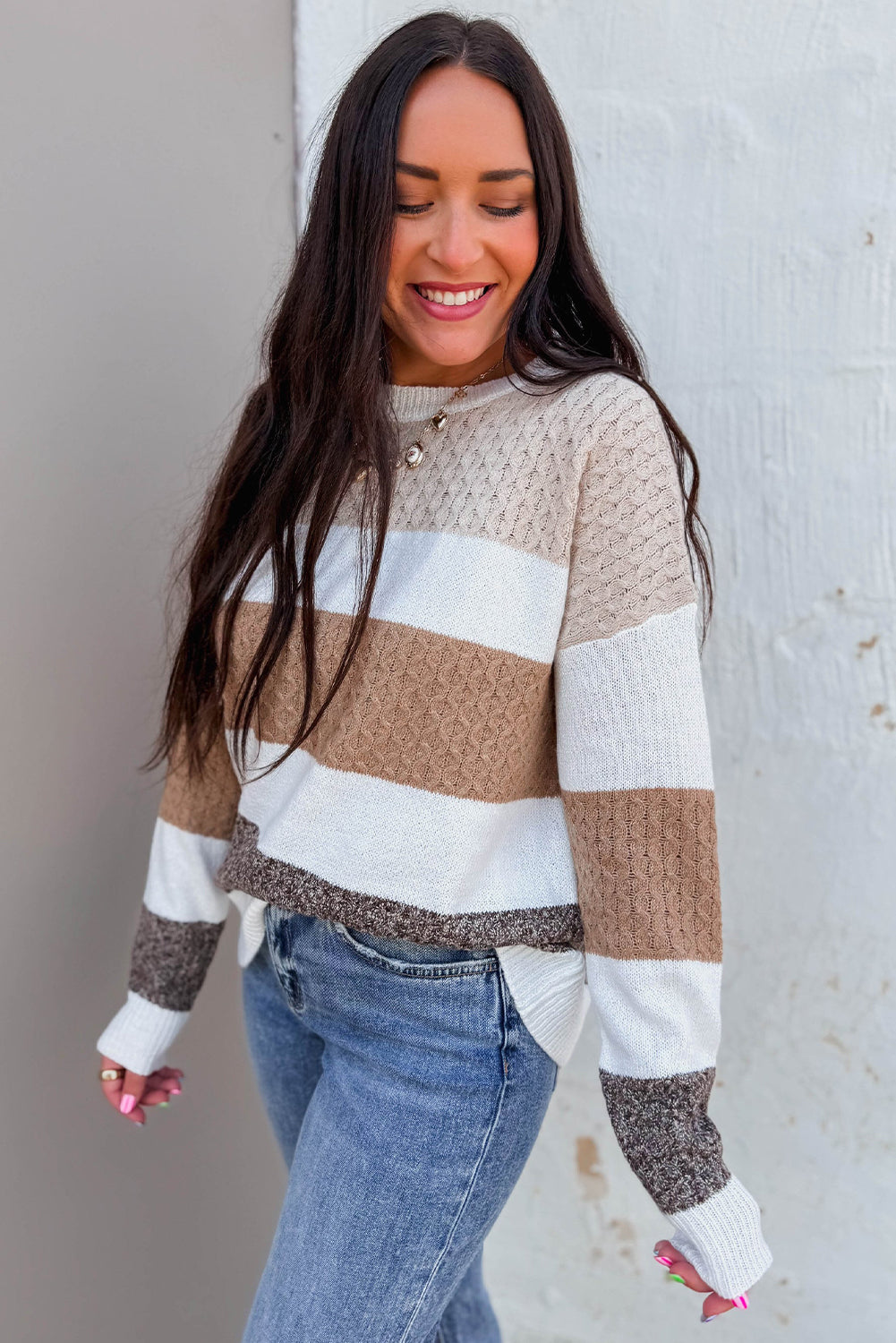 Brown Mixed Texture Knit Striped Colorblock Loose Sweater  Shop One Place