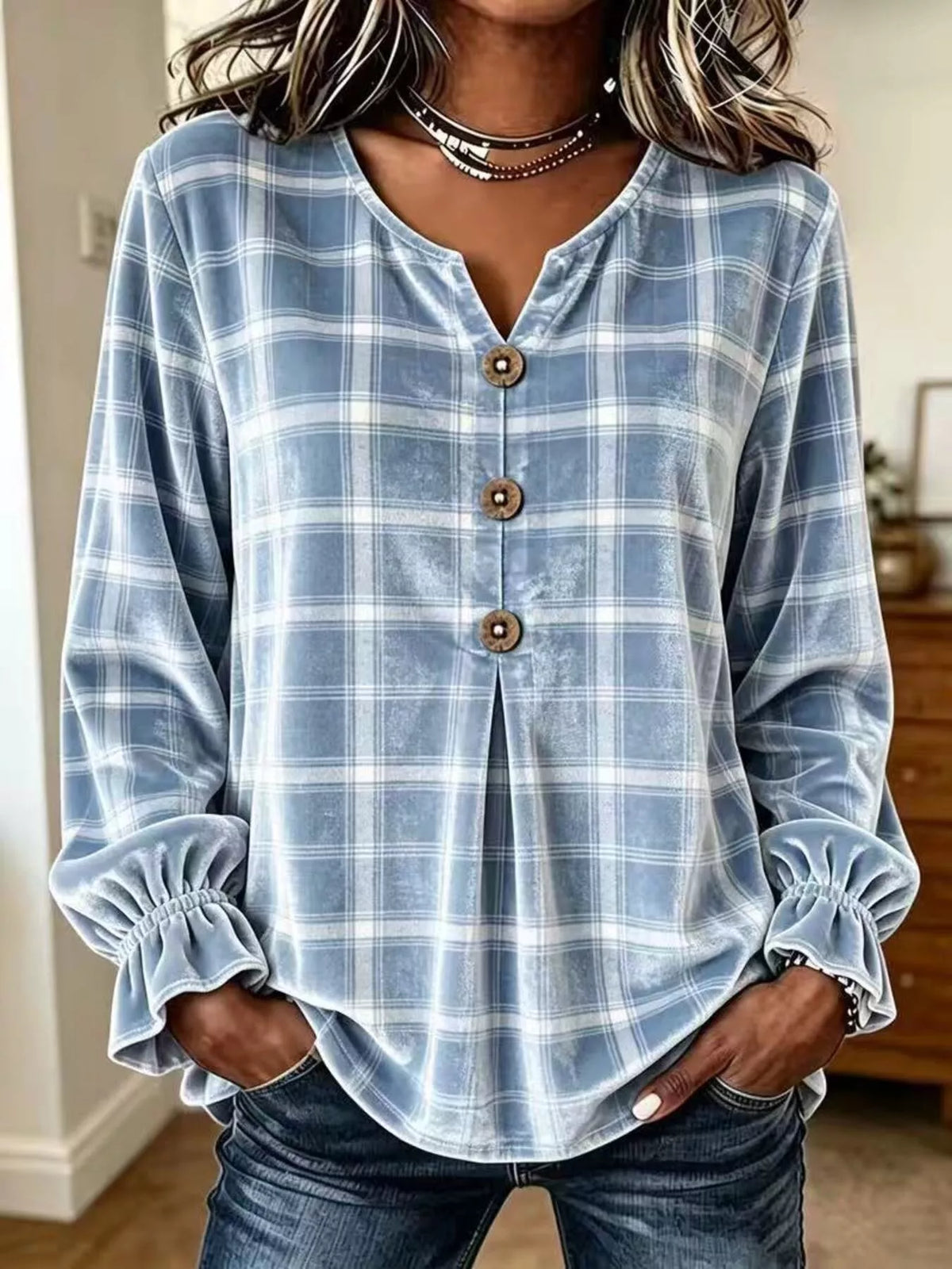 Women's Plaid Velvet Flounce Sleeve Blouse – view 13