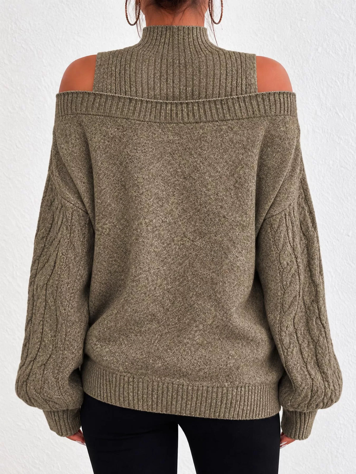 Women's Cold Shoulder Mock Neck Cable Knit Sweater – view 6