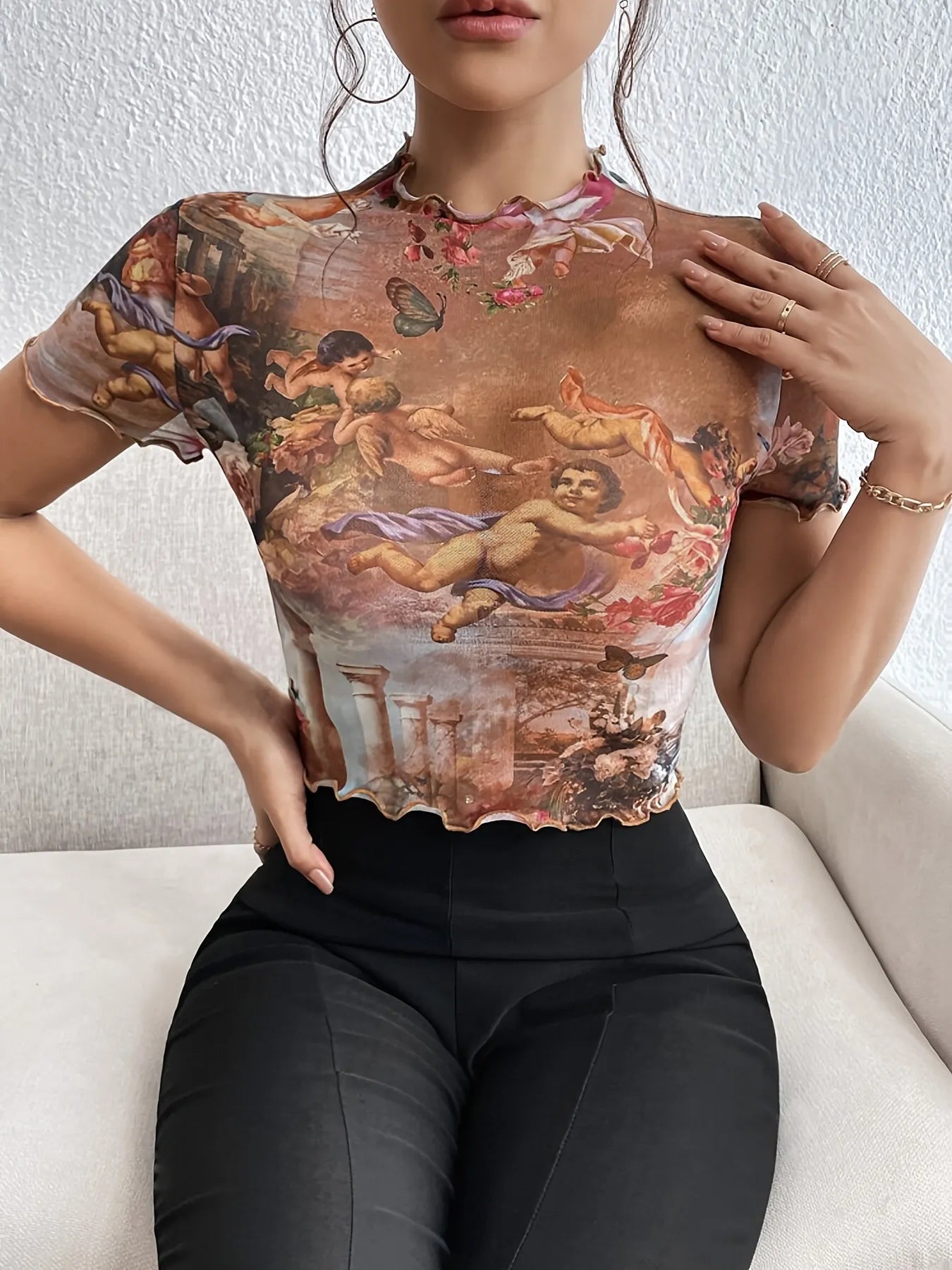 Abstract Print Ruffled Mock Neck Crop T-Shirt  Shop One Place