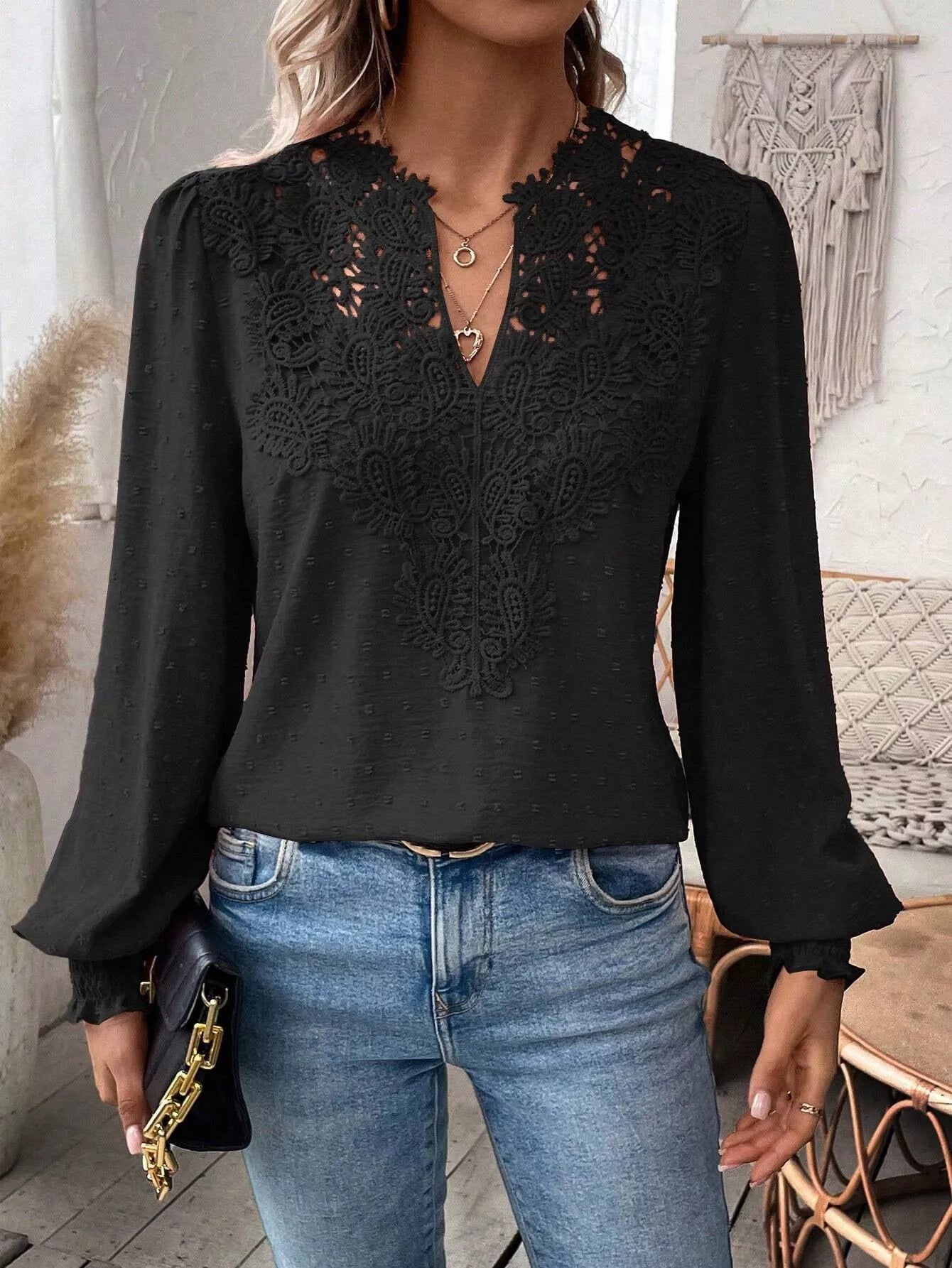 Swiss Dot Lace Detail Long Sleeve Blouse  Shop One Place